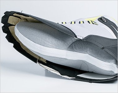 アッパーの裏材に防水フィルムを貼り合わせ、水の侵入を防ぎます。縫製部分には防水シームテープを貼り合わせ水の侵入を防ぎます。
